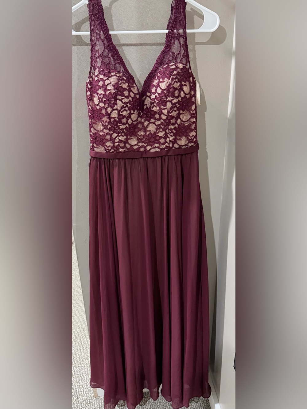 Mori Lee Bordeaux Lace Bodice V‑Neck Maxi Dress